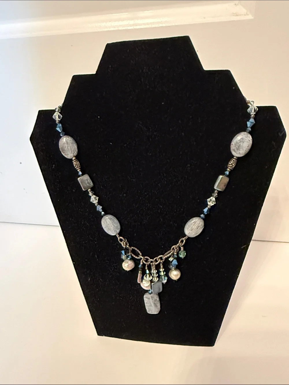 TRES JOLIE NECKLACE PEARL BLUE BEADED SWAROVSKI CRYSTAL STERLING SILVER 16”